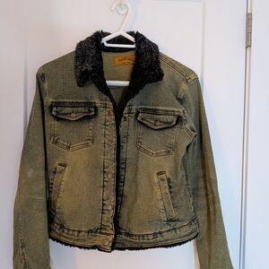 Vtg Sherpa Trim Collar Lined Denim Jacket Daniel Jeans Black wash USA Sz M Y2K